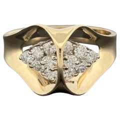 Vintage 14K Gold Sculpted Bow Ring, Diamond Clusters ~0.60ctw, ca. 1975