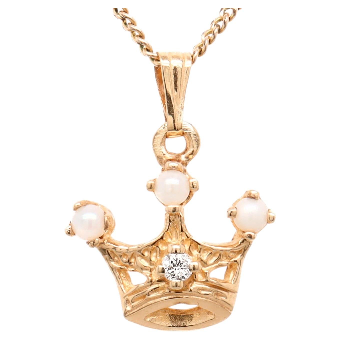 Vintage 14K Gold, Seed Pearl, and Diamond Figural Crown Pendant or Charm For Sale