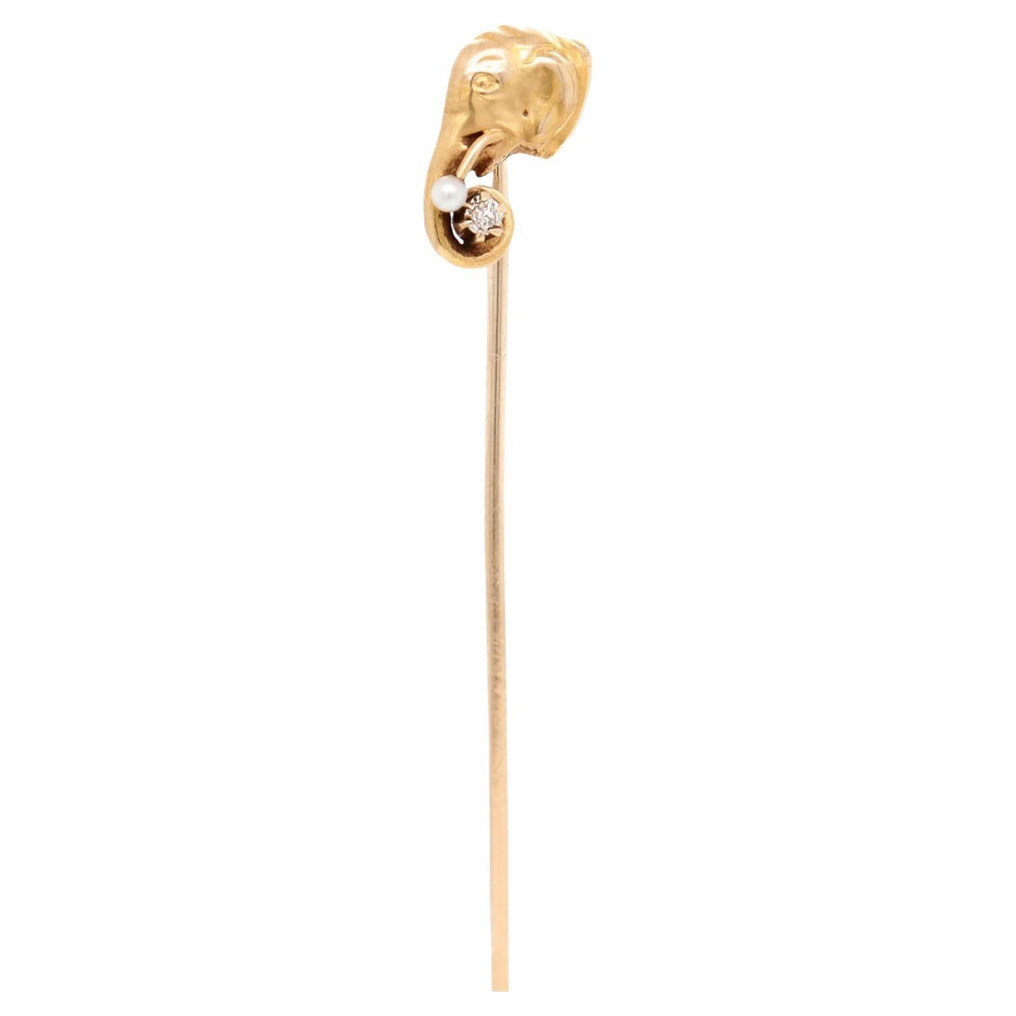 Vintage 14k Gold, Seed Pearl, and Diamond Figural Elephant Stickpin
