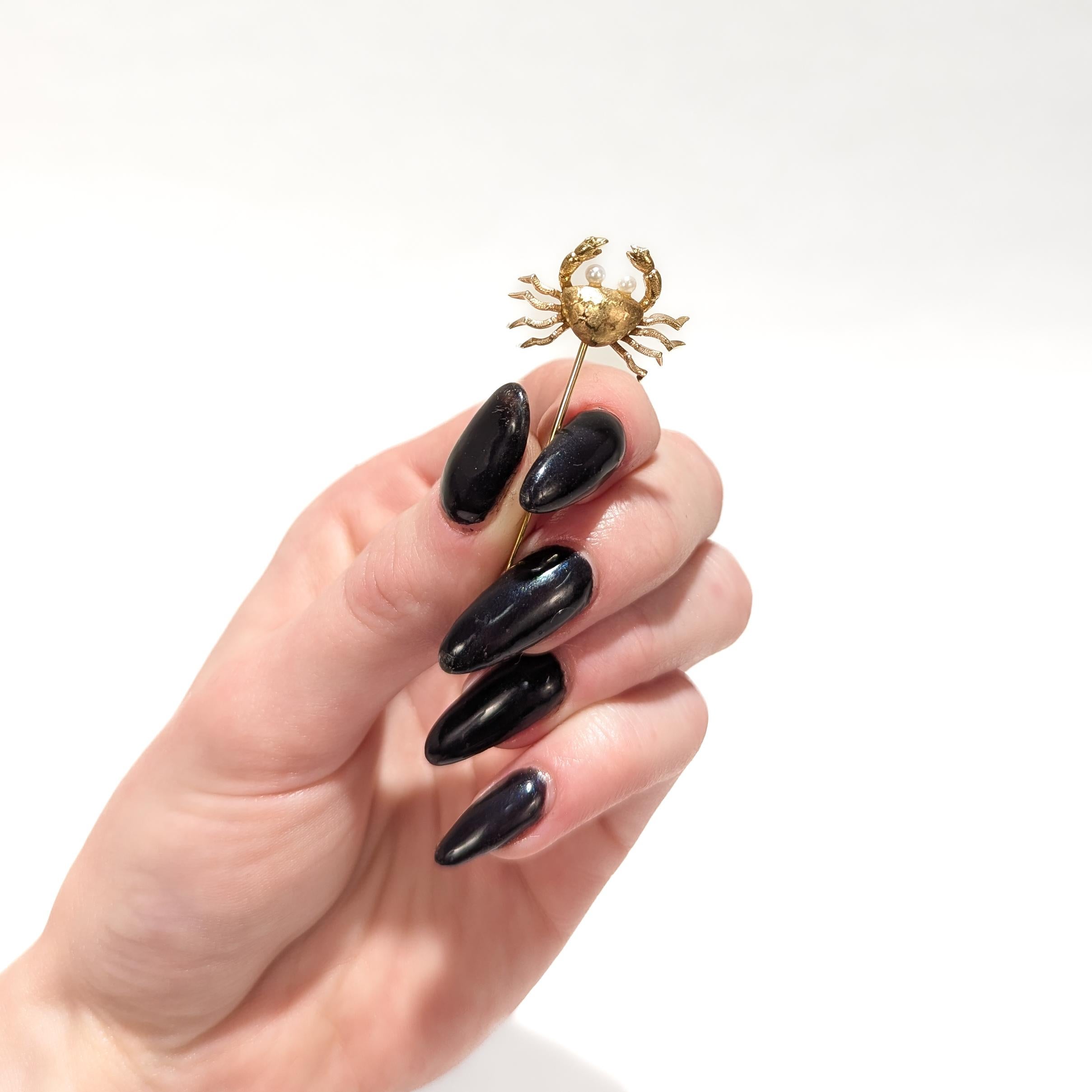 Retro Vintage 14K Gold & Seed Pearl Crab Stickpin For Sale