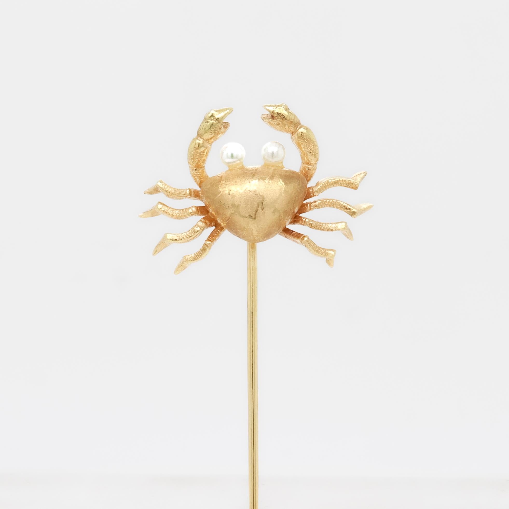 Round Cut Vintage 14K Gold & Seed Pearl Crab Stickpin For Sale