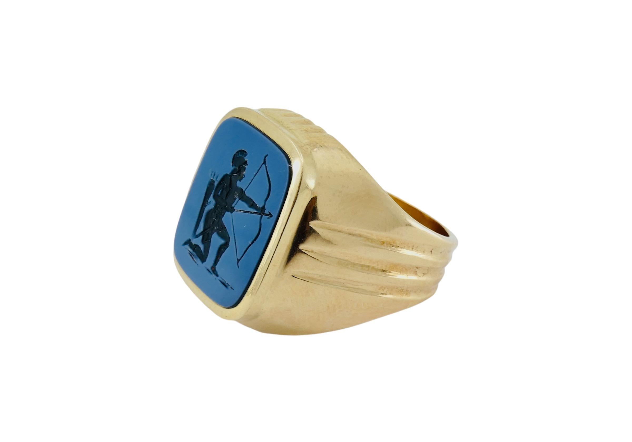Men's Vintage 14k Gold Signet Ring Sagittarius Carved Stone