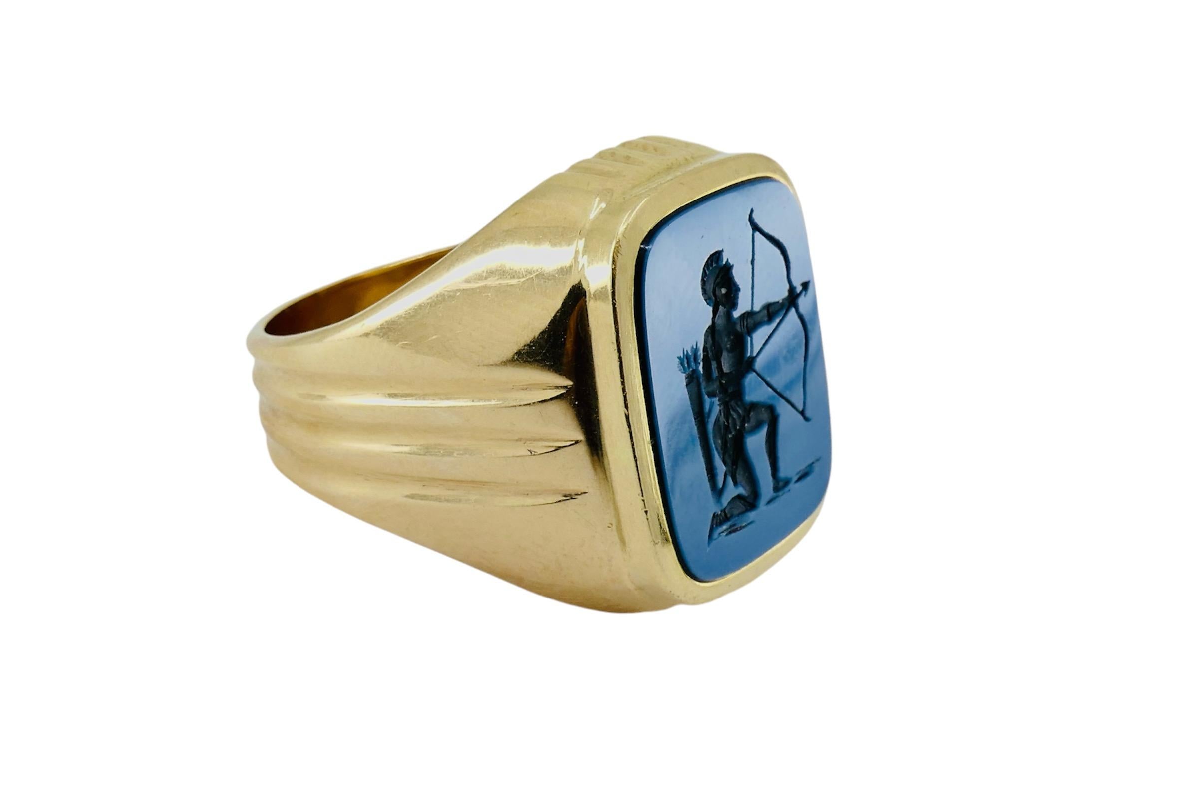 Vintage 14k Gold Signet Ring Sagittarius Carved Stone 1