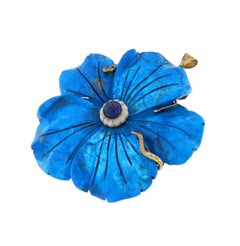 Vintage 14K Gold Silver Large Carved Flower, Lapis Lazuli & Snake Pendant