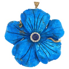 Vintage 14K Gold Silver Large Carved Flower, Lapis Lazuli & Snake Pendant