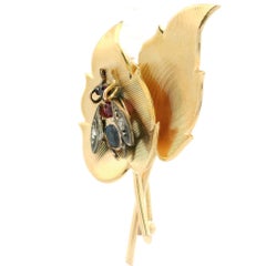 Vintage 14k Gold & Silver Spinel Sapphire Diamond Gemmed Fly on Leaf Pin Brooch