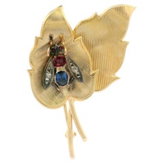 Vintage 14k Gold & Silver Spinel Sapphire Diamond Gemmed Fly on Leaf Pin Brooch