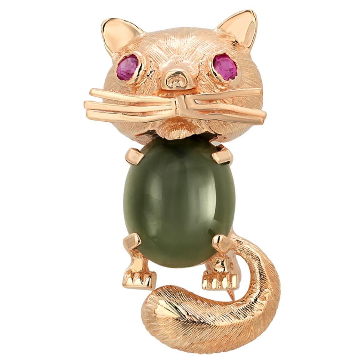 Vintage 14K Gold, Spinat Jade und Rubin Katze Brosche
