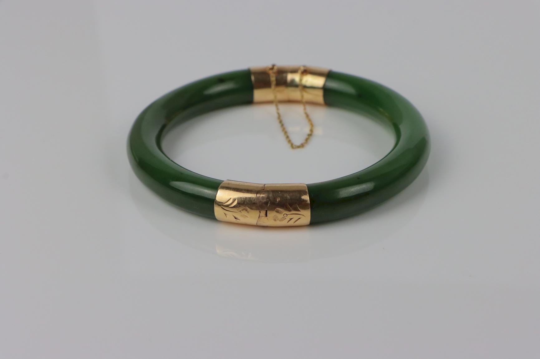 Uncut Vintage 14K Gold & Spinach Jade Bangle