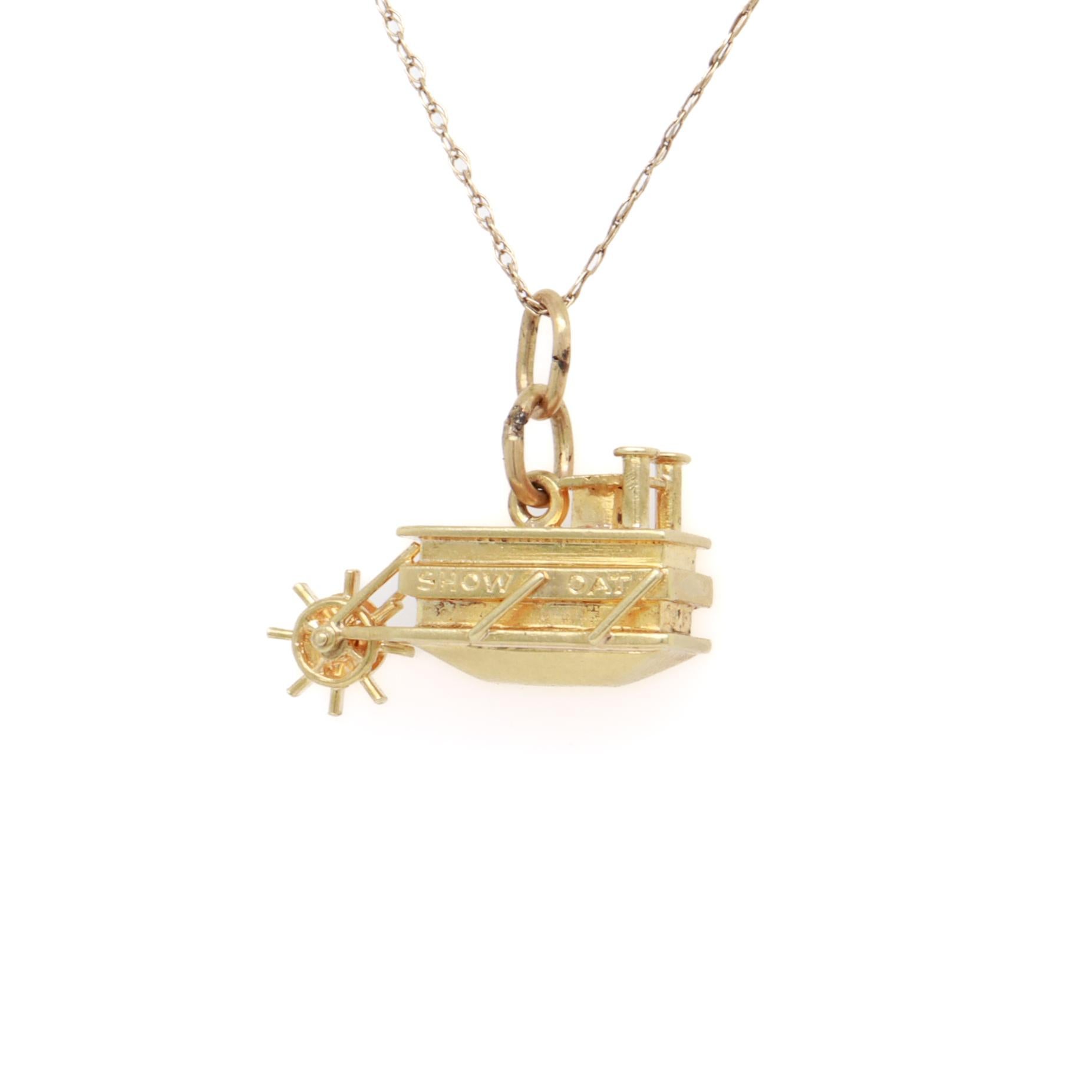 Women's or Men's Vintage 14K Gold Steamboat with Paddlewheel Charm for a Charm Bracelet For Sale
