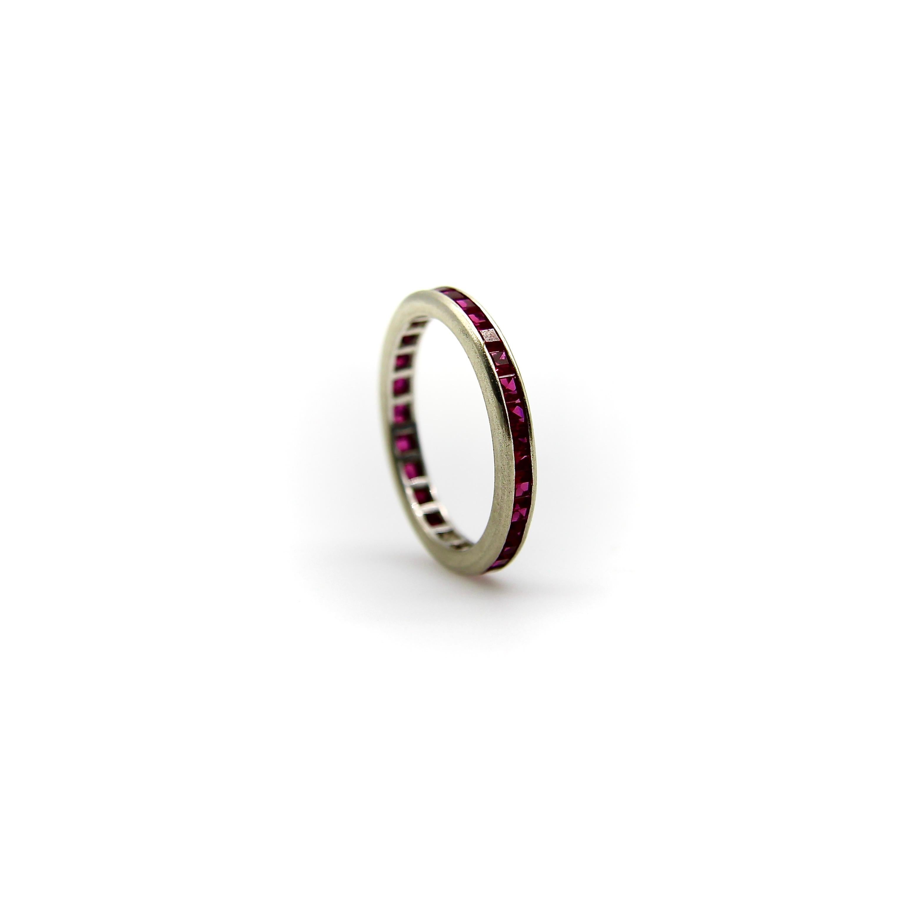 Square Cut  Vintage 14K Gold Synthetic Ruby Eternity Band For Sale