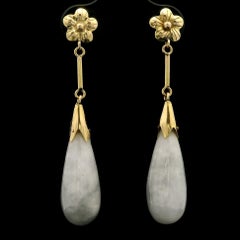 Vintage 14k Gold Teardrop Mottled Lavender Jade w/ Flower Top Dangle Earrings