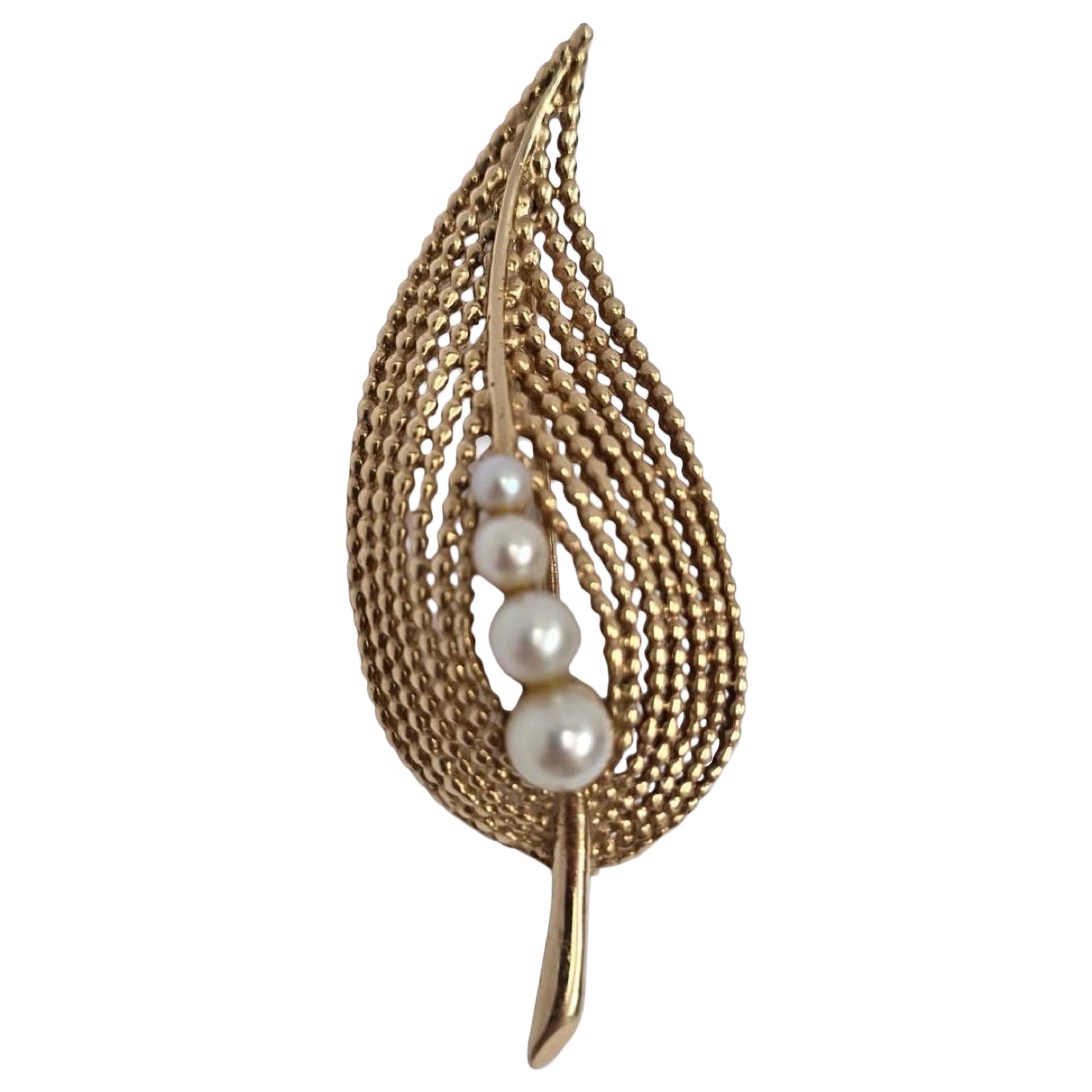 Spilla a forma di foglia in oro 14 carati vintage con perle coltivate graduate