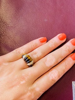 Vintage 14k Gold Tiger's Eye and Diamond Scalloped Ring, One-of-a-kind