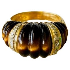 Vintage 14k Gold Tiger's Eye and Diamond Scalloped Ring, One-of-a-kind
