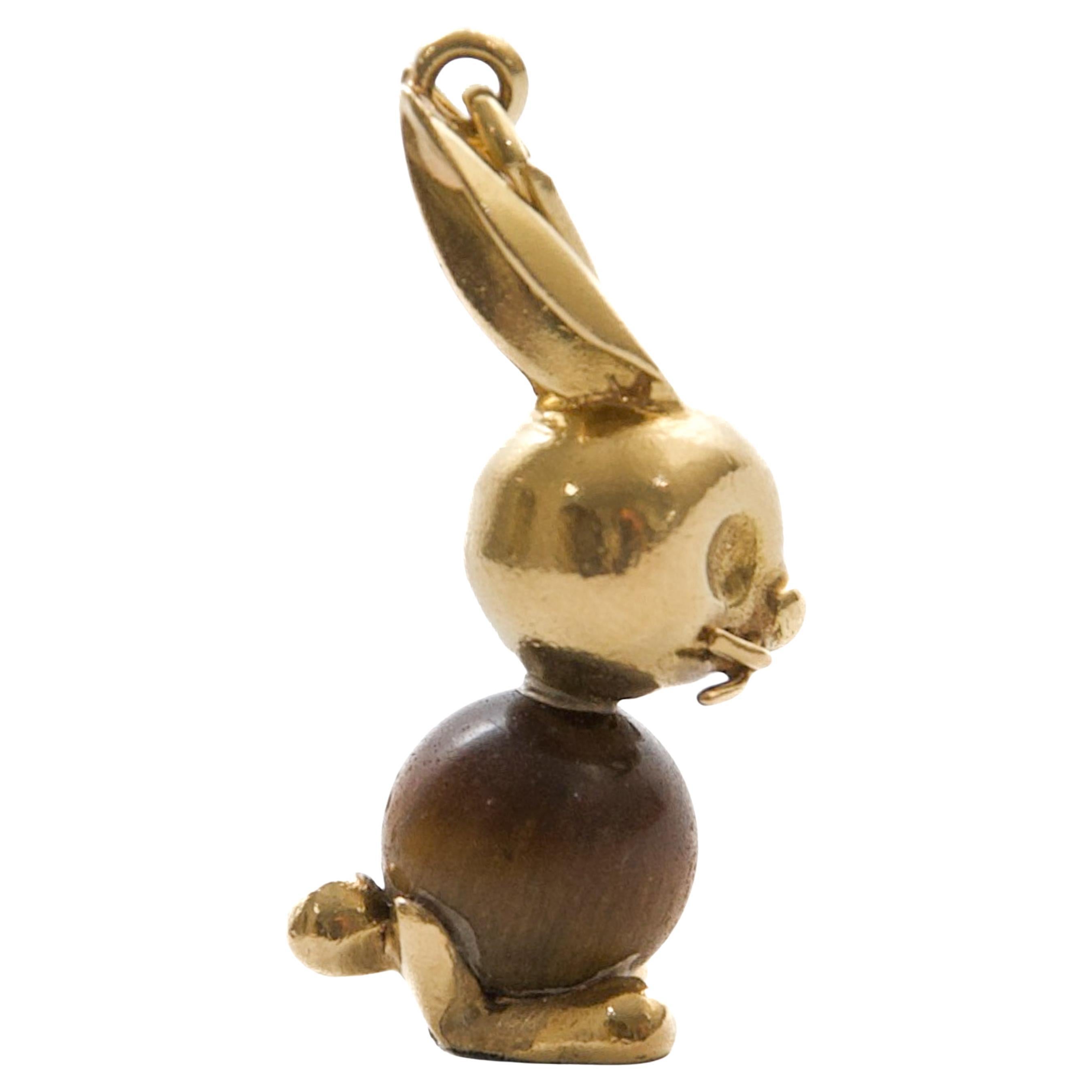 Vintage 14K Gold Tiger’s Eye Rabbit Charm Pendant
