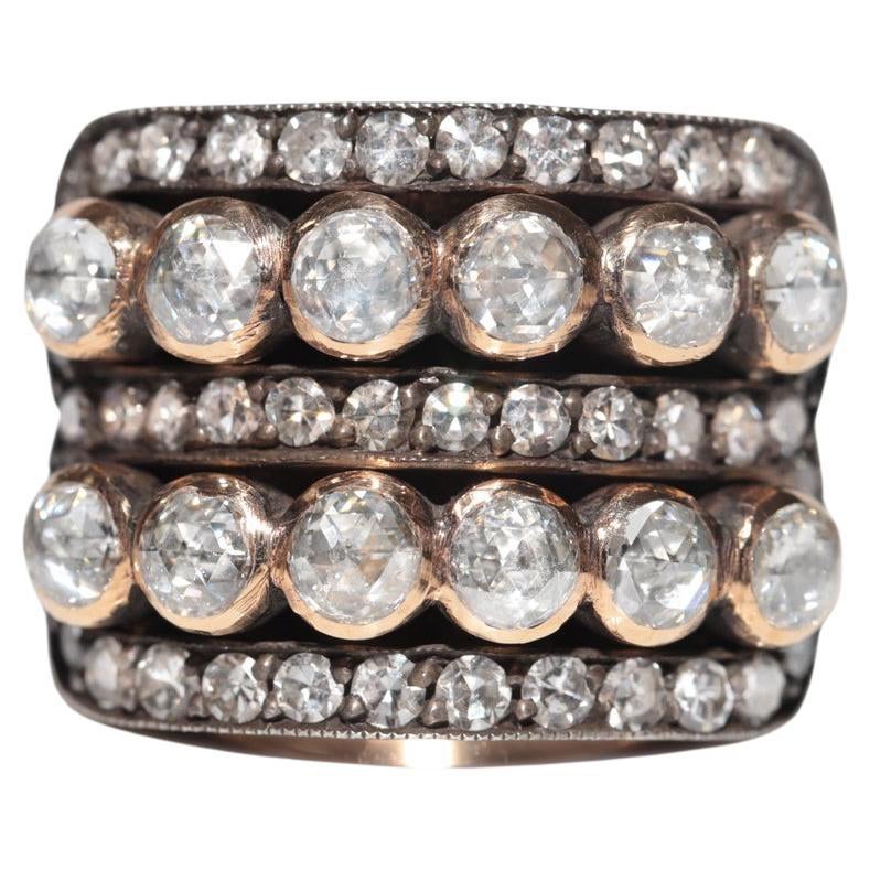 Vintage 14k Gold Top Silber Handgefertigter natürlicher Diamant Bant Stil Tank-Ring im Angebot