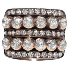 Bague débardeur vintage en or 14 carats et argent, fabriquée à la main, style bande de diamants naturelles