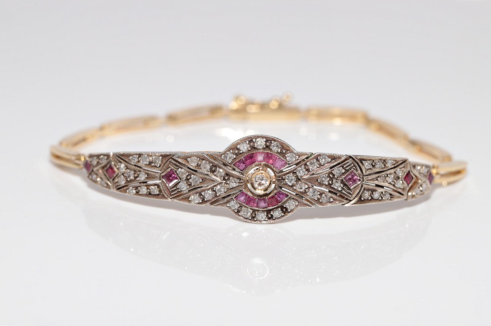Bracciale vintage in oro 14k e argento con diamanti naturali e rubini calibrati in vendita 4