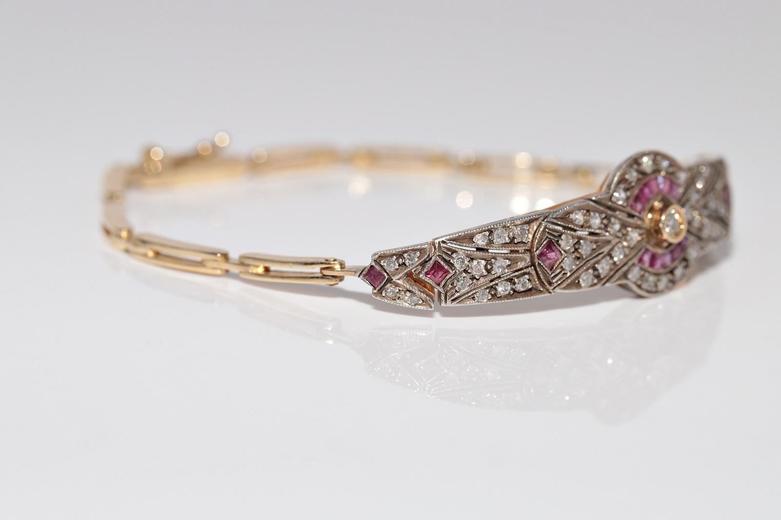 Bracciale vintage in oro 14k e argento con diamanti naturali e rubini calibrati in vendita 8