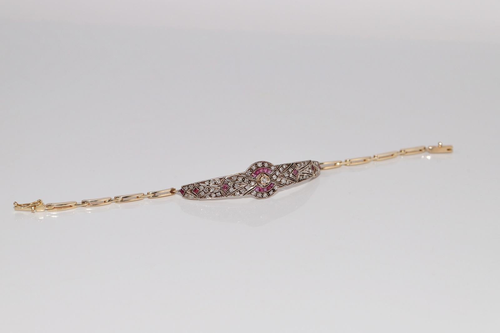 Bracciale vintage in oro 14k e argento con diamanti naturali e rubini calibrati in vendita 14