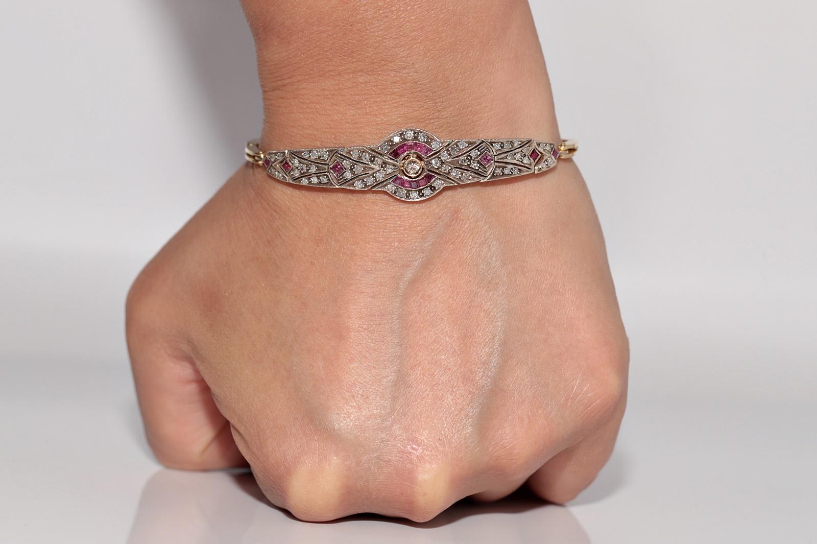 Taglio singolo Bracciale vintage in oro 14k e argento con diamanti naturali e rubini calibrati in vendita