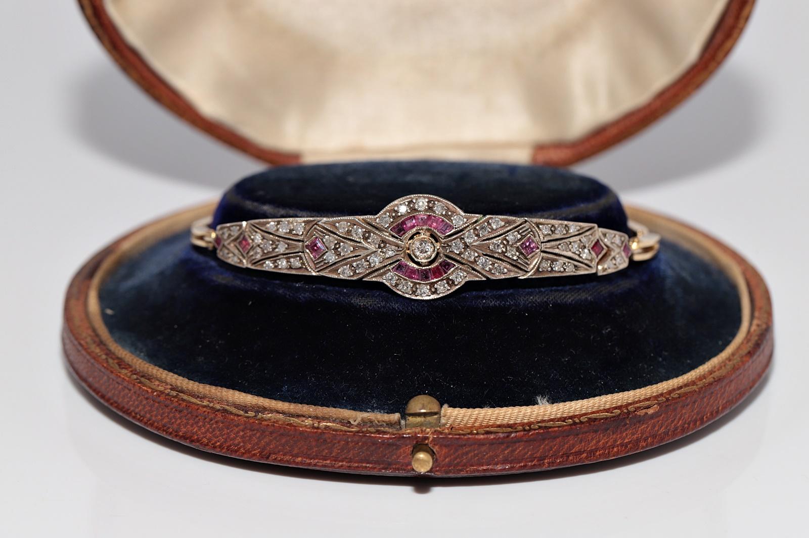 Bracciale vintage in oro 14k e argento con diamanti naturali e rubini calibrati in vendita 1