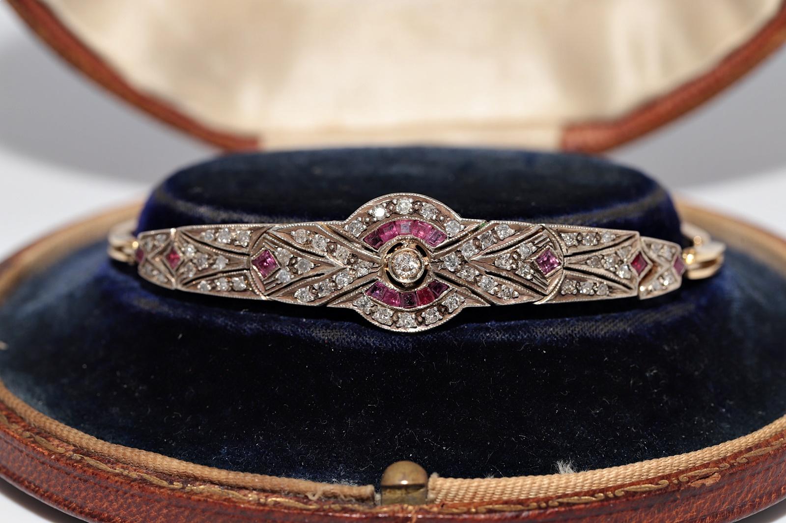 Bracciale vintage in oro 14k e argento con diamanti naturali e rubini calibrati in vendita 2