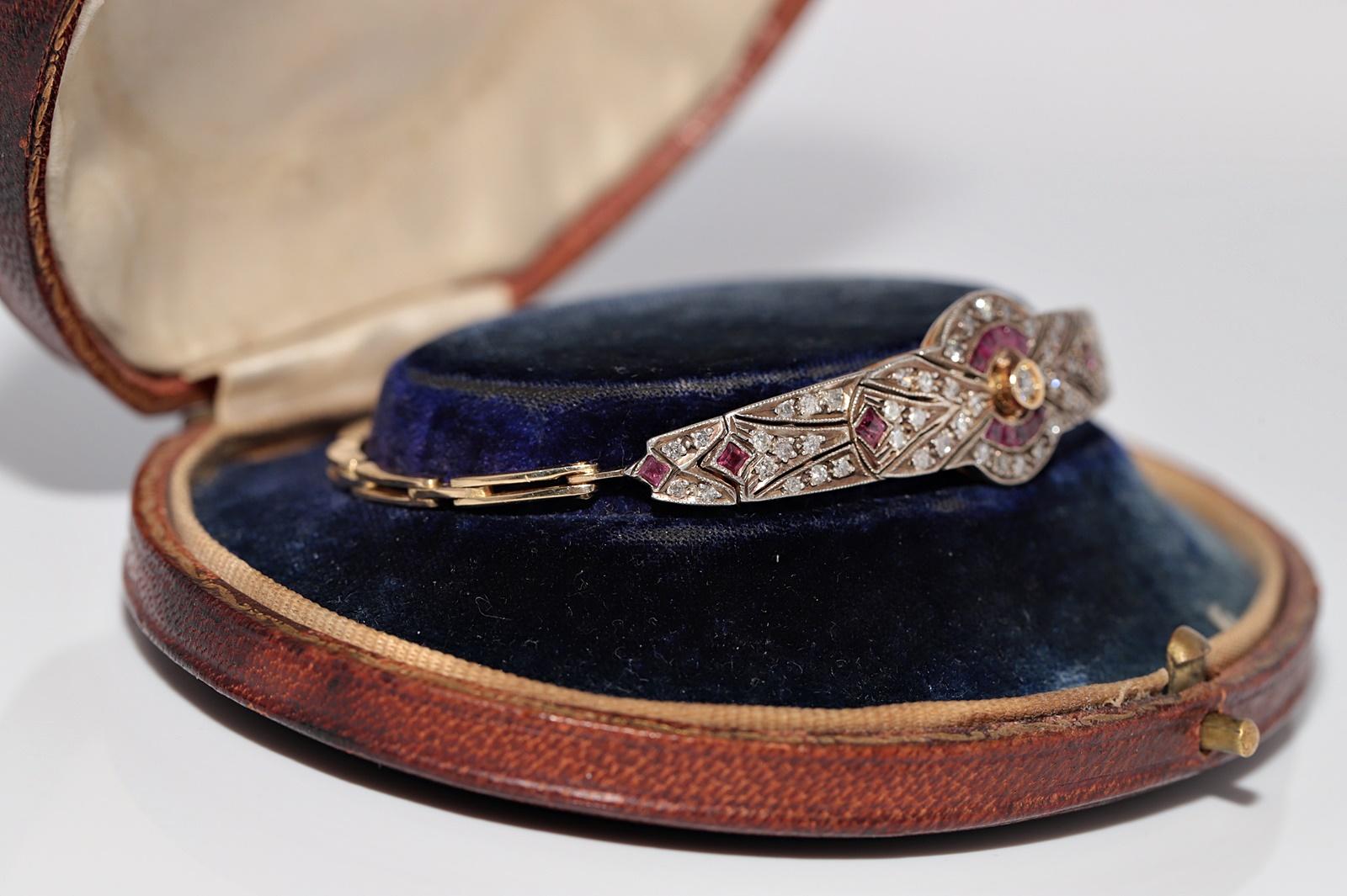 Bracciale vintage in oro 14k e argento con diamanti naturali e rubini calibrati in vendita 3