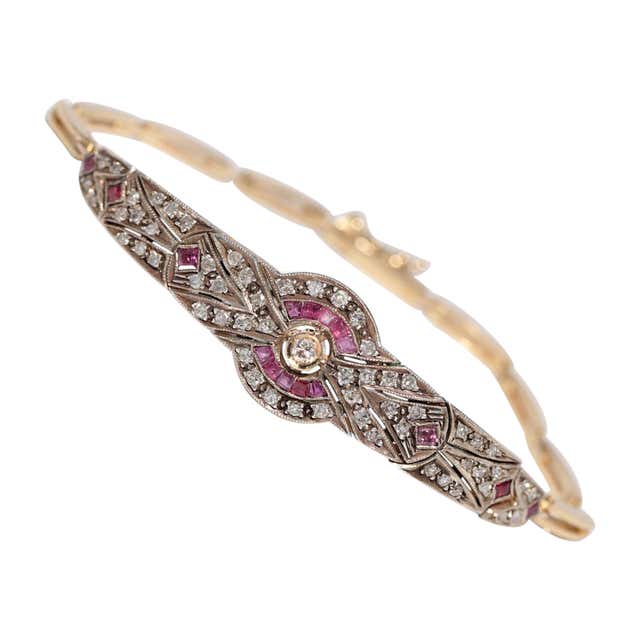 Vintage 1950s Style Ruby and Rose-Cut Diamond Bracelet in 14K Yellow ...