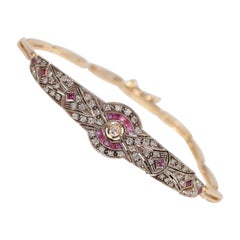 Vintage 14k Gold Top Silver Natural Diamond And Caliber Cut Ruby Bracelet