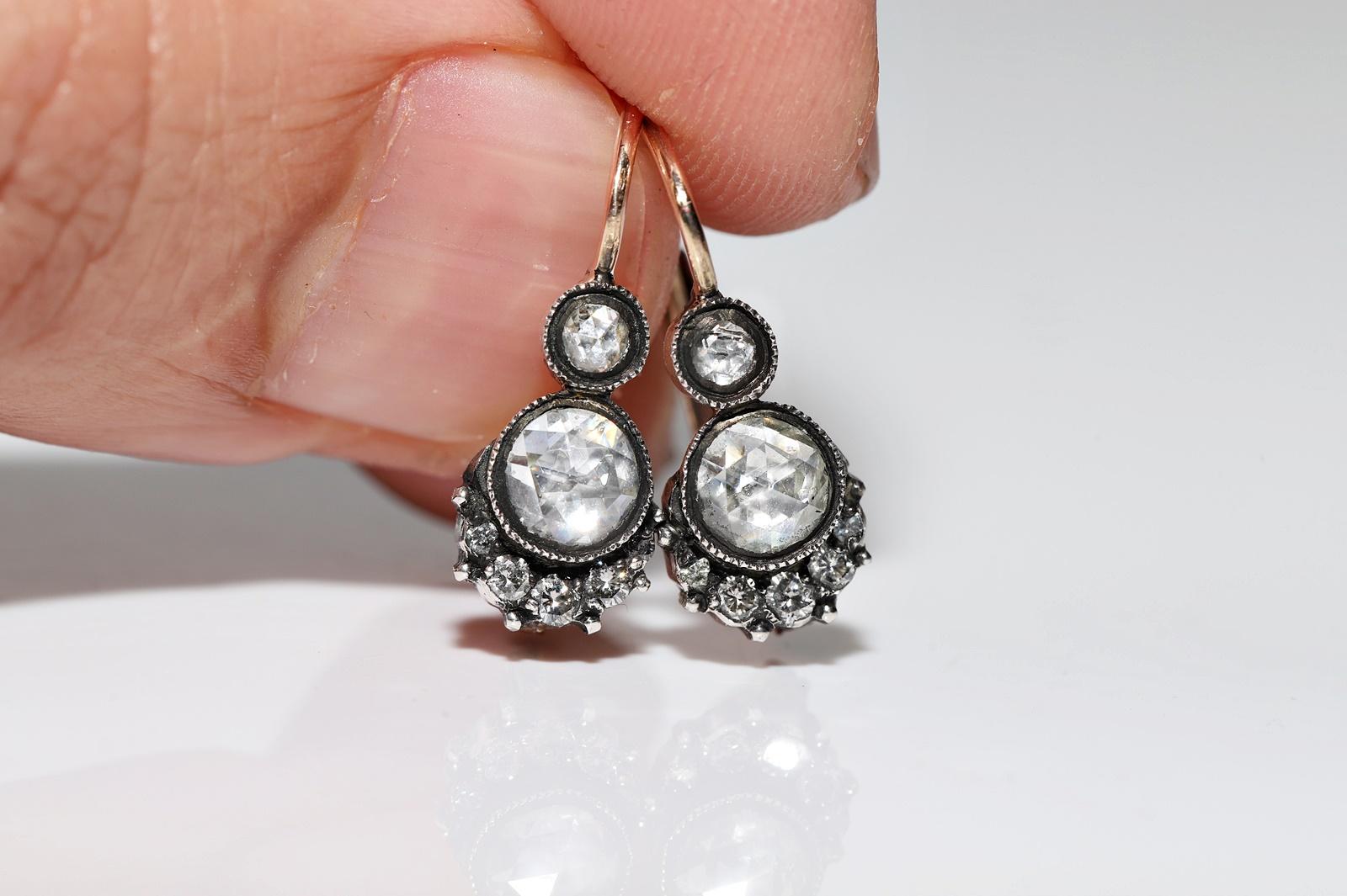 Vintage 14k Gold Top Silver Natural Diamond Decorated Earring For Sale 7