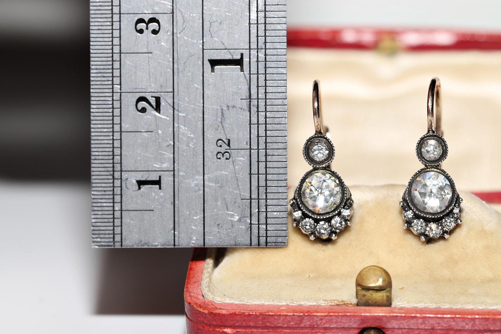 Vintage 14k Gold Top Silber natürlicher Diamant Dekorierter Ohrring (Rosenschliff) im Angebot