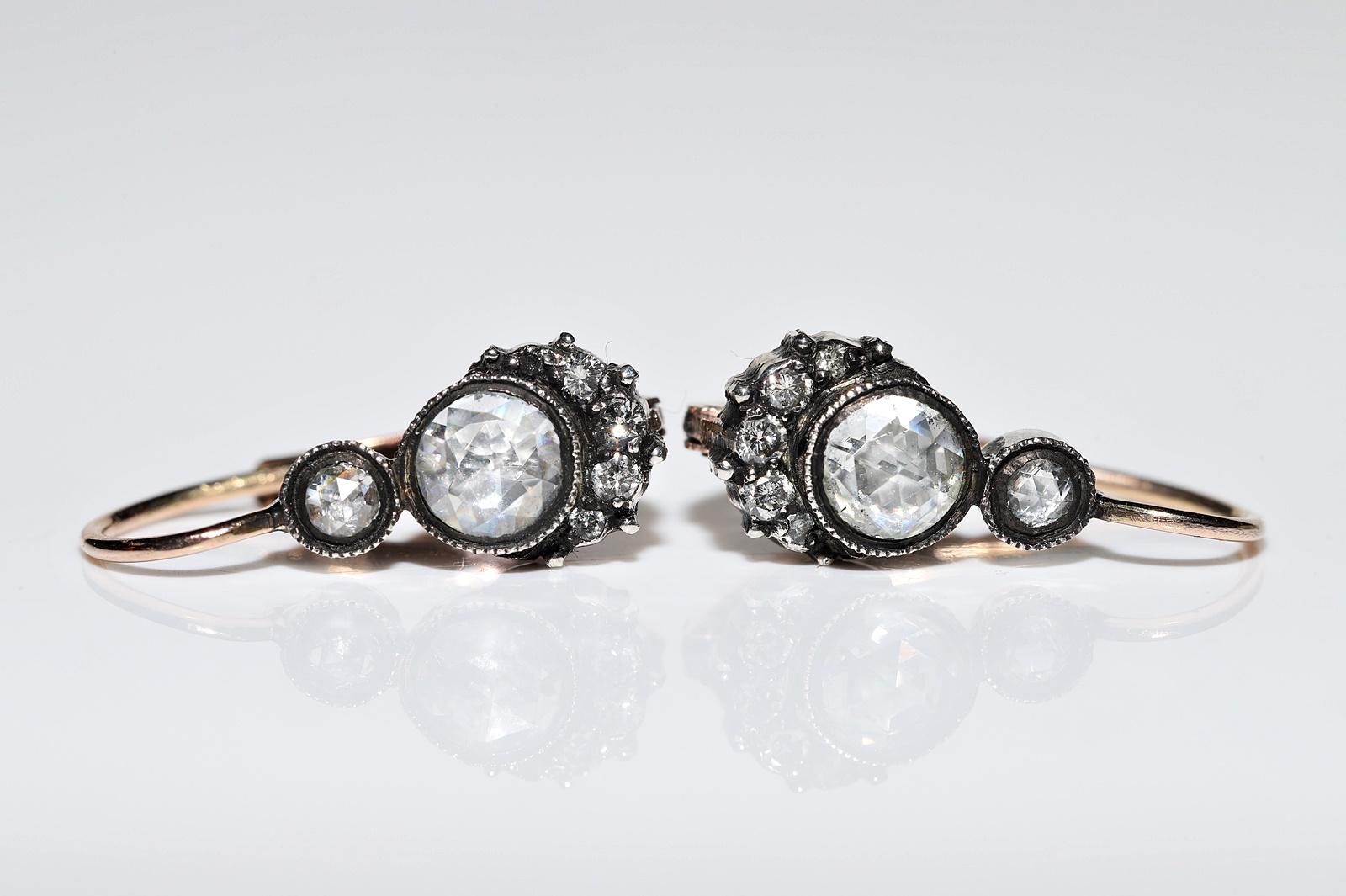 Vintage 14k Gold Top Silver Natural Diamond Decorated Earring In Good Condition For Sale In Fatih/İstanbul, 34