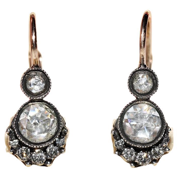 Vintage 14k Gold Top Silver Natural Diamond Decorated Earring For Sale