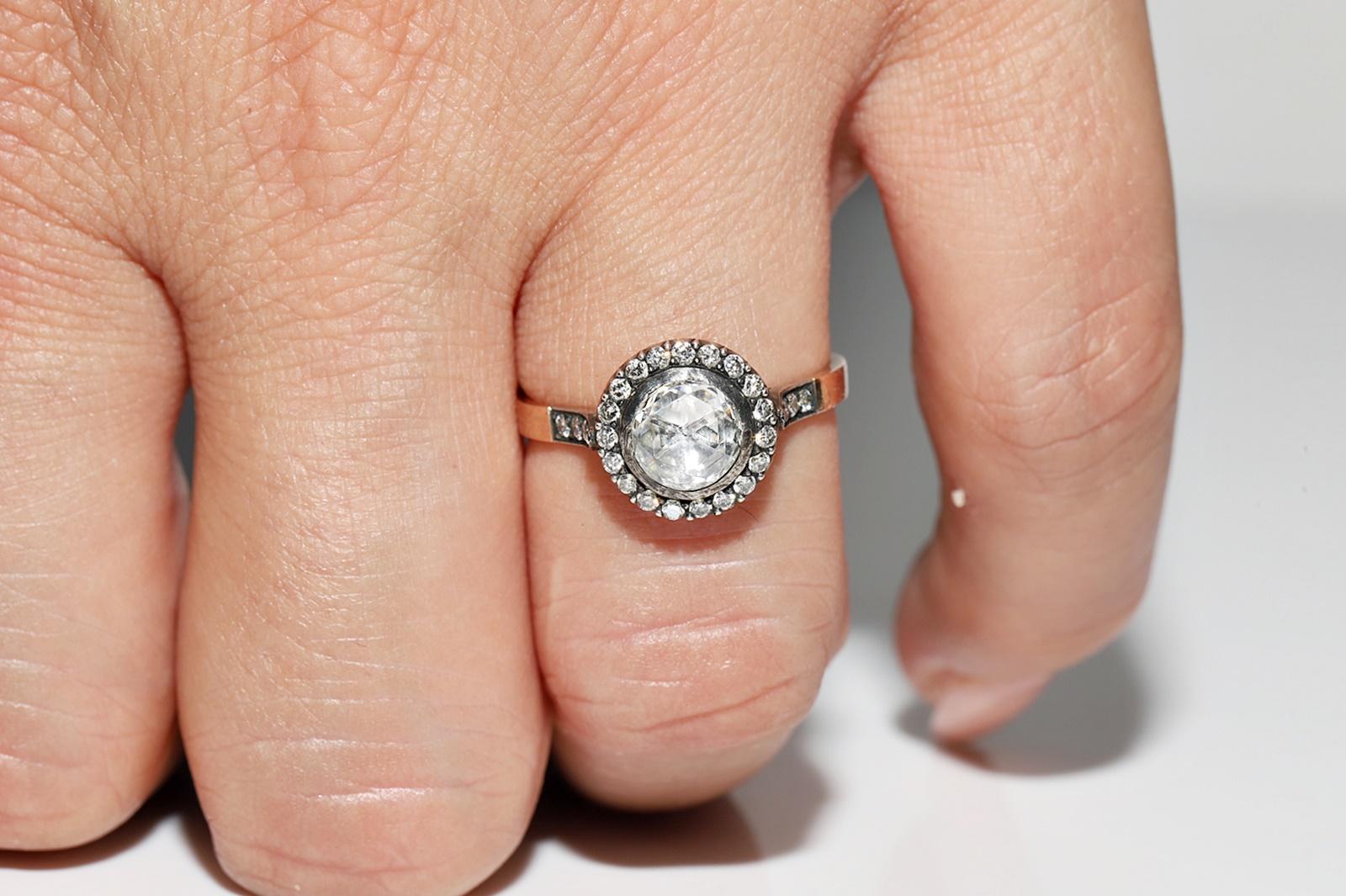Taille rose Vintage  14k Gold Top Silver Natural Diamond Engagement Solitaire Ring en vente