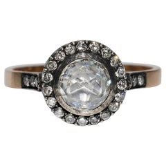 Vintage  Anello solitario di fidanzamento con diamante naturale in argento e oro 14k