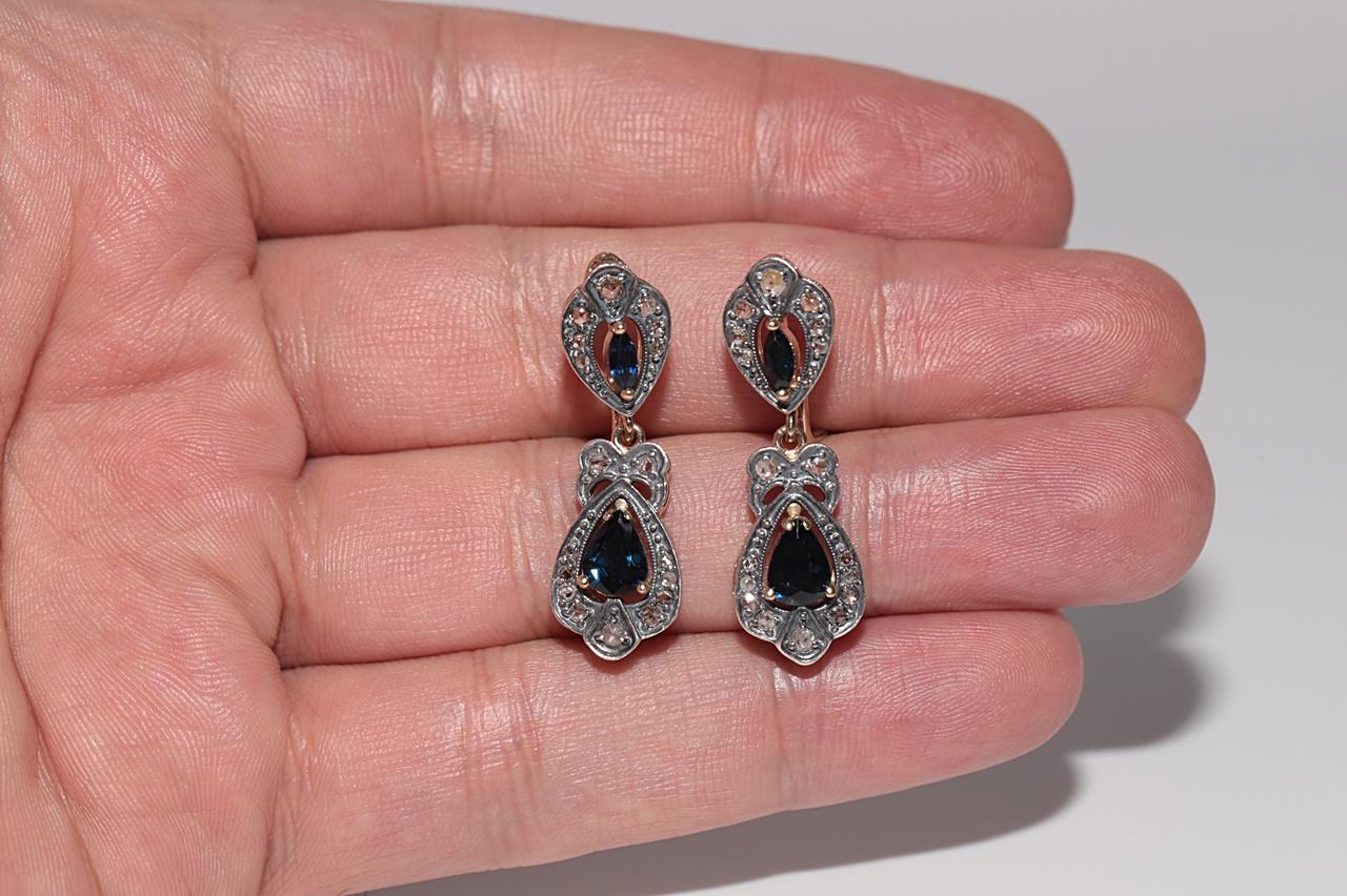 Vintage By  14k Gold Top Silber natürlicher Rosenschliff Diamant und Saphir Tropfenohrring im Angebot 5