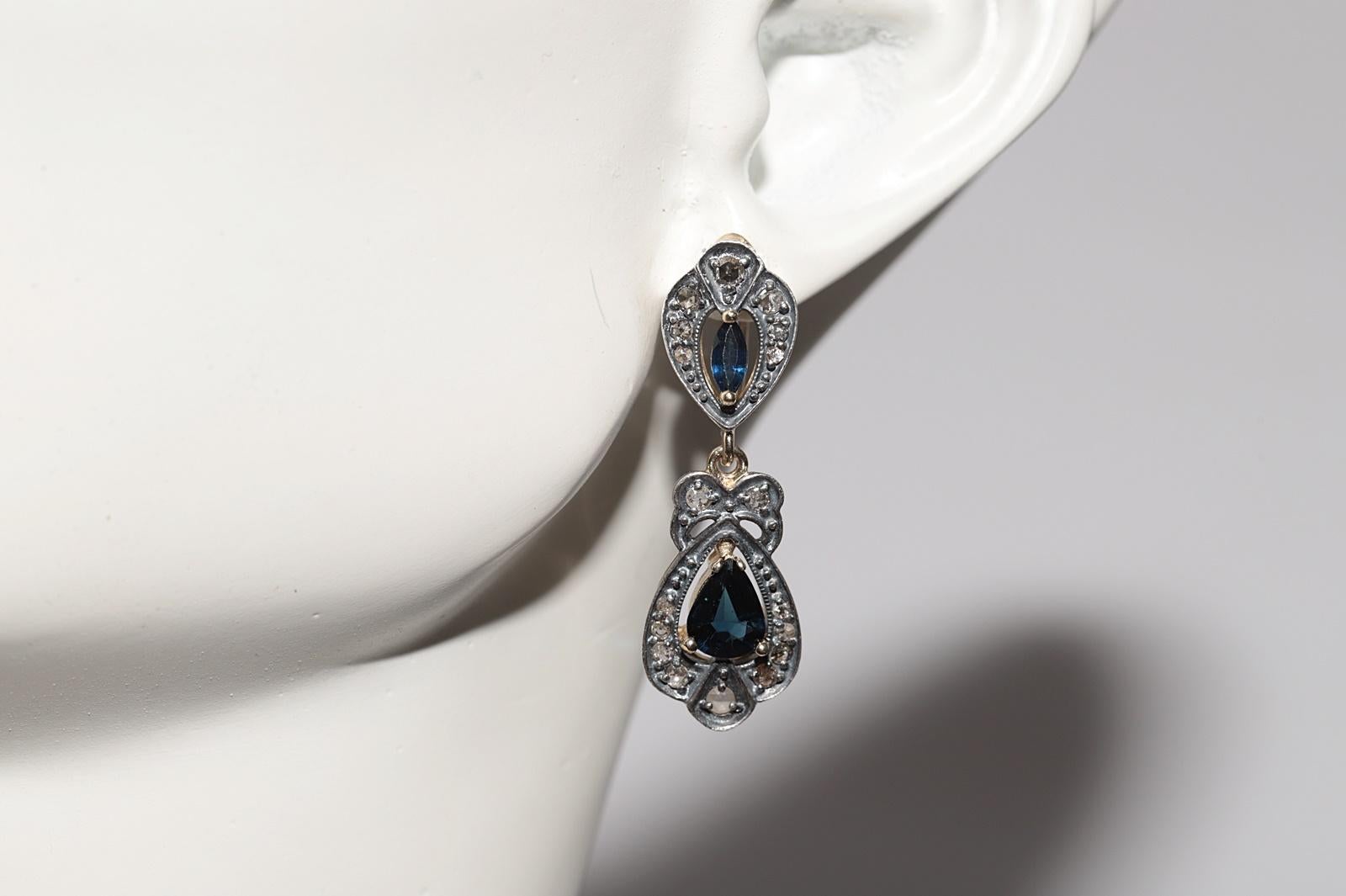 Vintage By  14k Gold Top Silber natürlicher Rosenschliff Diamant und Saphir Tropfenohrring im Angebot 6
