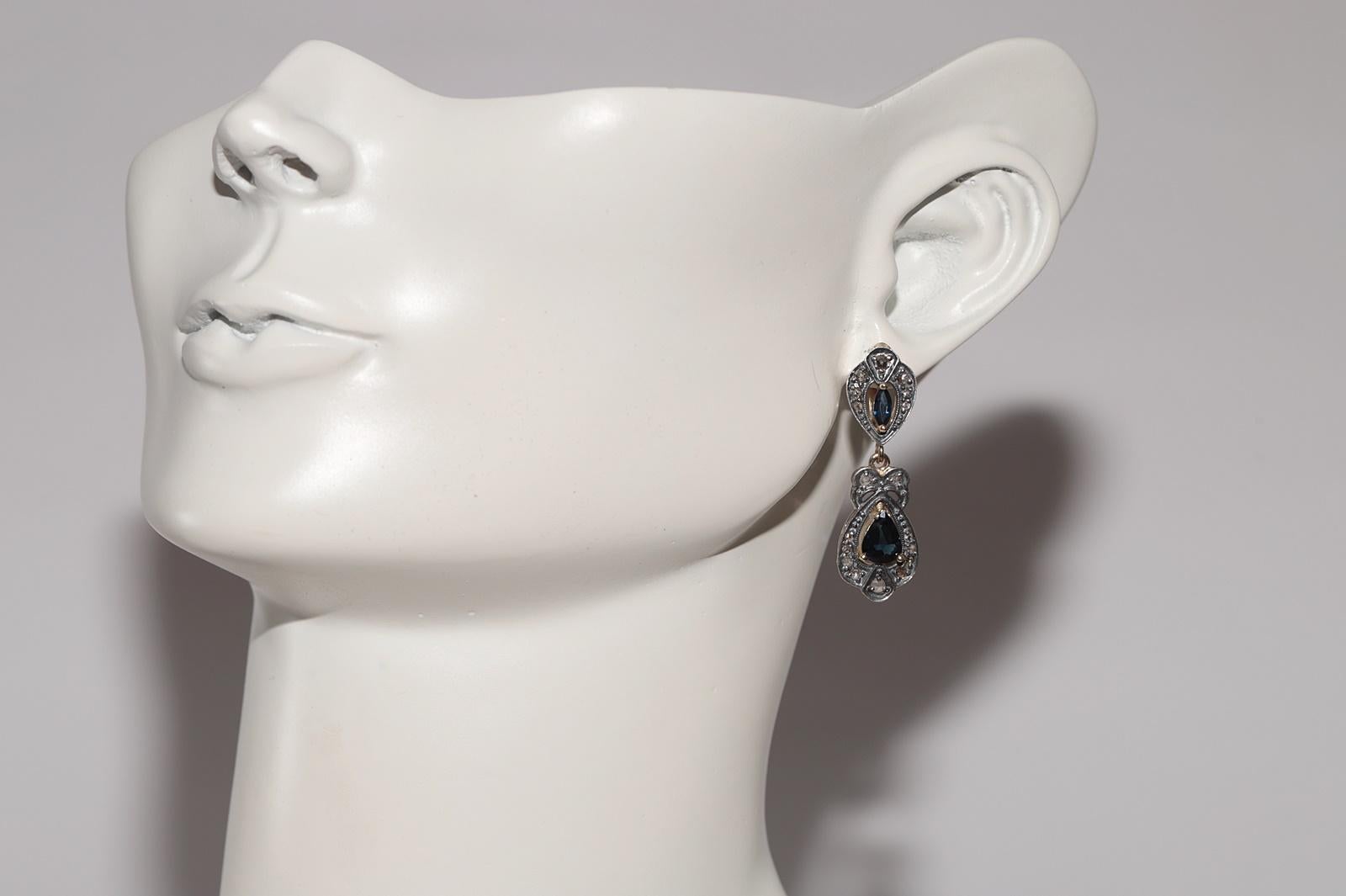 Vintage By  14k Gold Top Silber natürlicher Rosenschliff Diamant und Saphir Tropfenohrring im Angebot 7