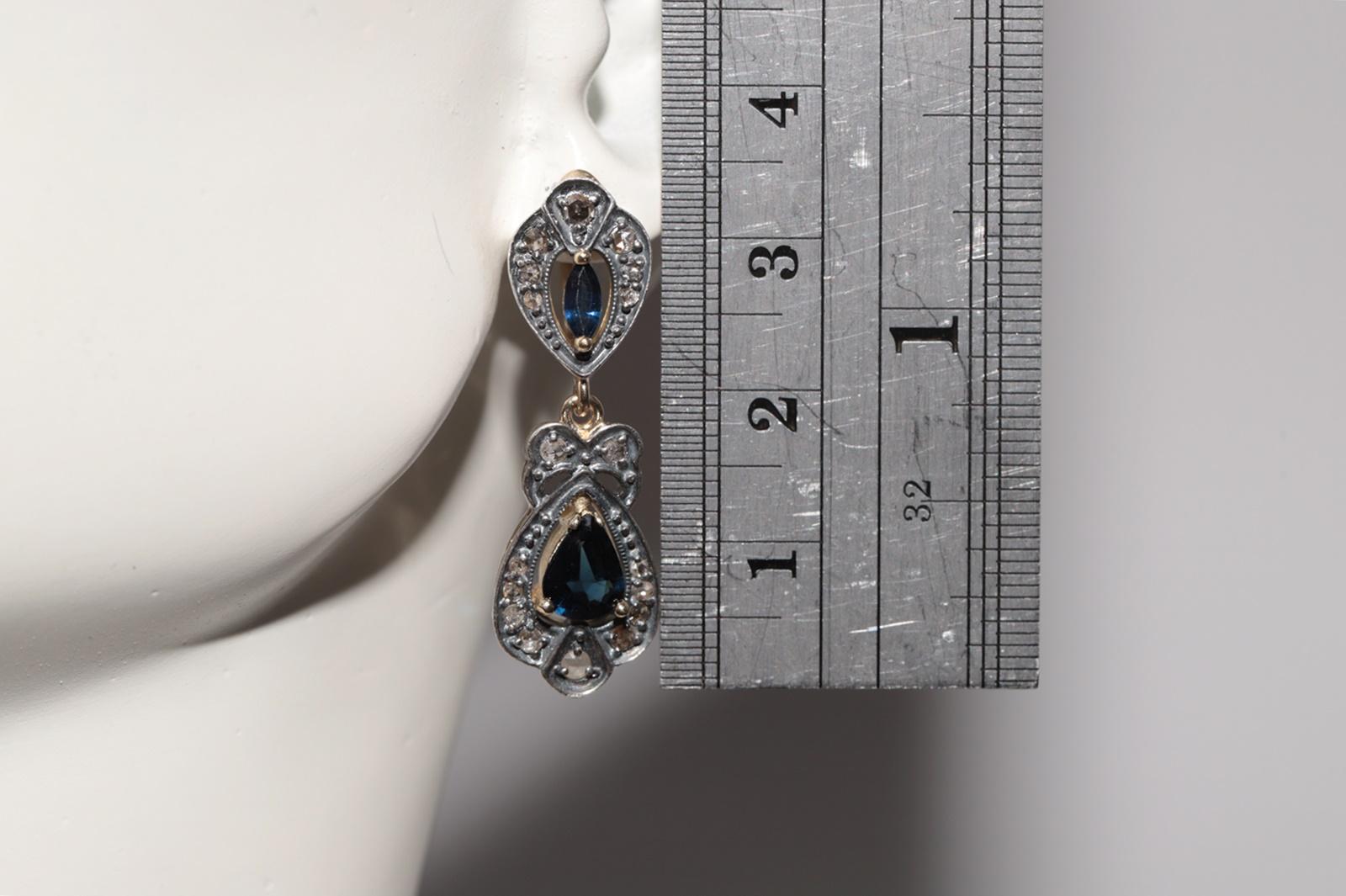 Vintage By  14k Gold Top Silber natürlicher Rosenschliff Diamant und Saphir Tropfenohrring im Angebot 8