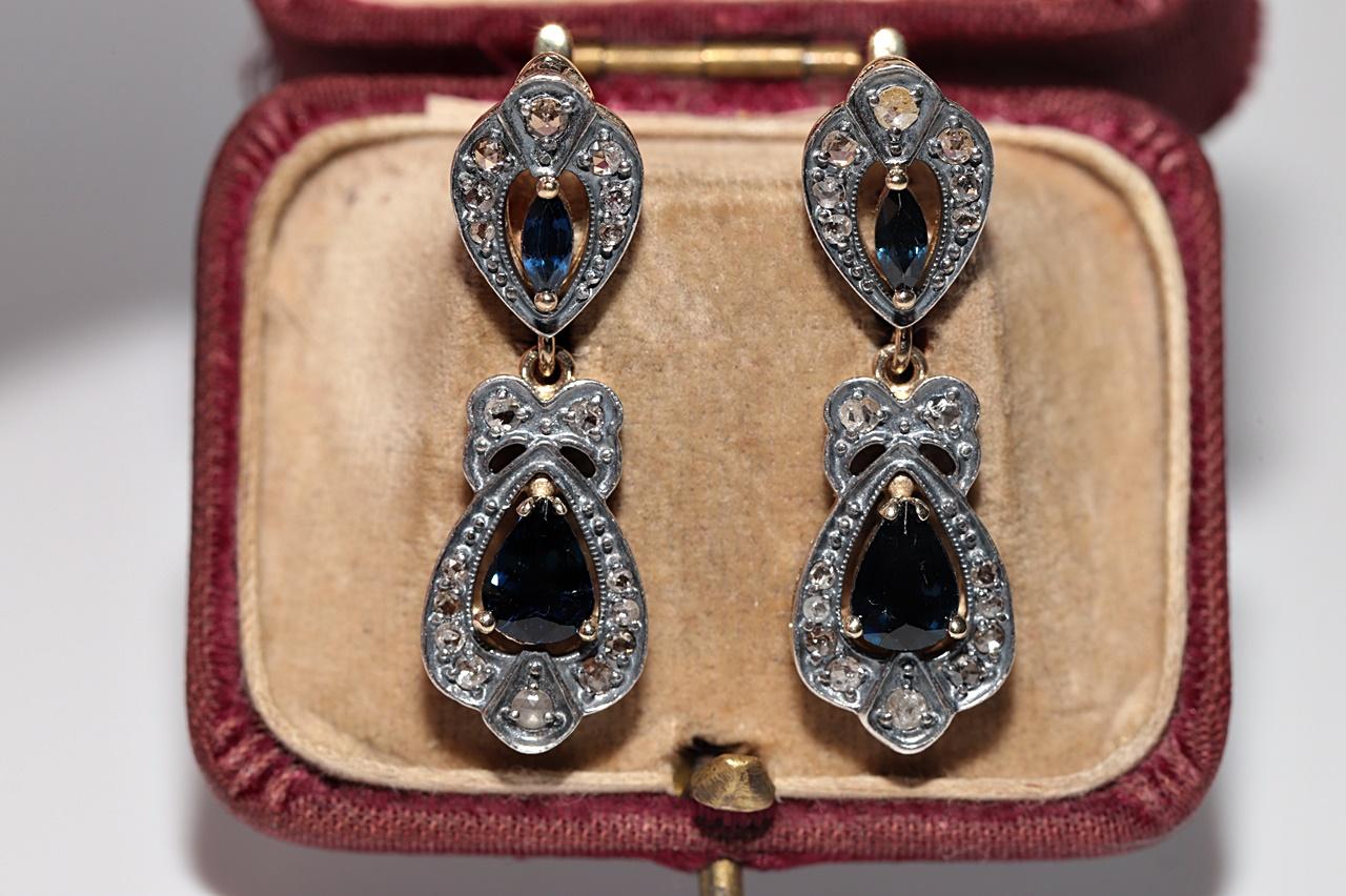Vintage By  14k Gold Top Silber natürlicher Rosenschliff Diamant und Saphir Tropfenohrring (Retro) im Angebot
