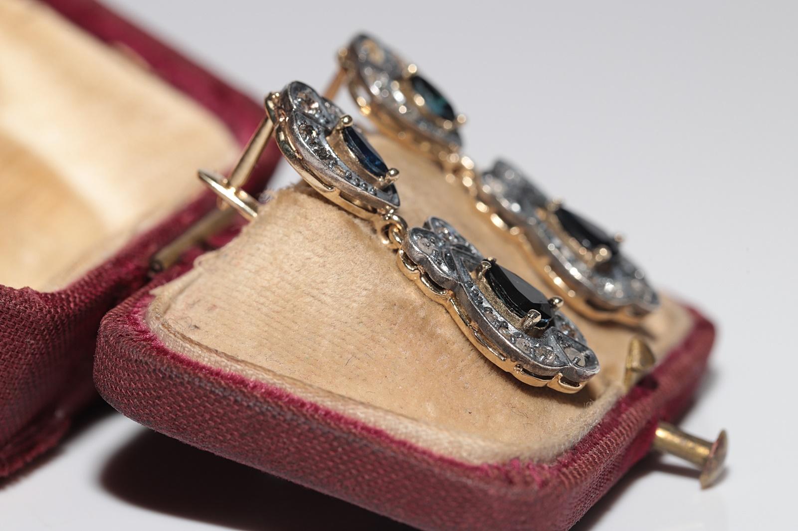 Vintage By  14k Gold Top Silber natürlicher Rosenschliff Diamant und Saphir Tropfenohrring im Zustand „Gut“ im Angebot in Fatih/İstanbul, 34