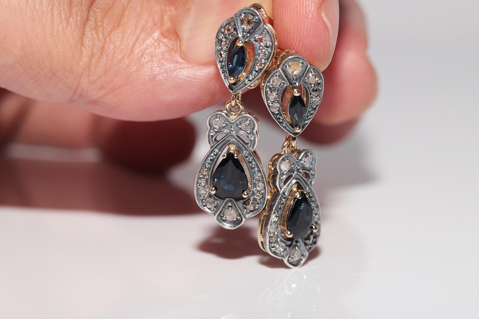 Vintage By  14k Gold Top Silber natürlicher Rosenschliff Diamant und Saphir Tropfenohrring Damen im Angebot