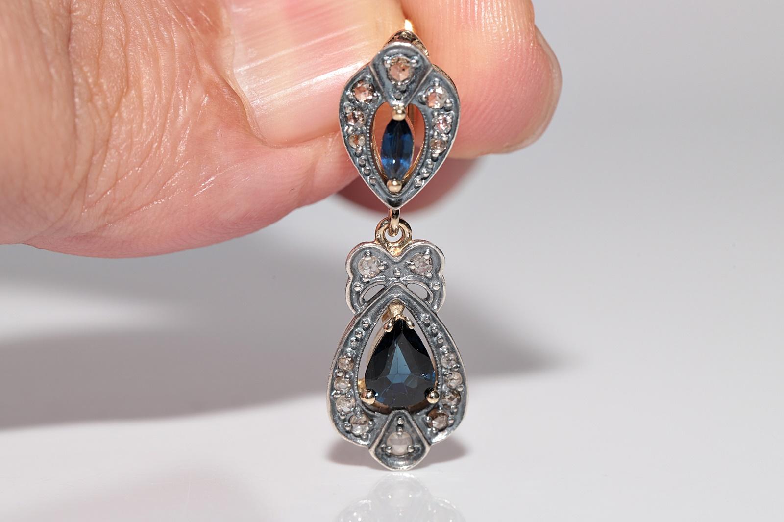 Vintage By  14k Gold Top Silber natürlicher Rosenschliff Diamant und Saphir Tropfenohrring im Angebot 1