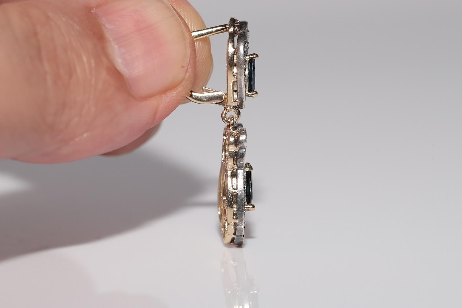 Vintage By  14k Gold Top Silber natürlicher Rosenschliff Diamant und Saphir Tropfenohrring im Angebot 2