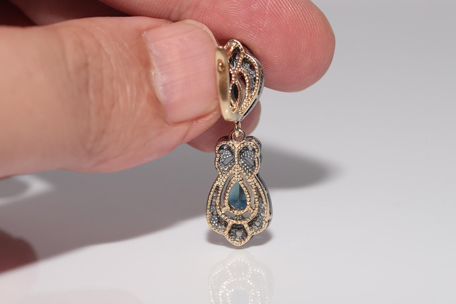 Vintage By  14k Gold Top Silber natürlicher Rosenschliff Diamant und Saphir Tropfenohrring im Angebot 3