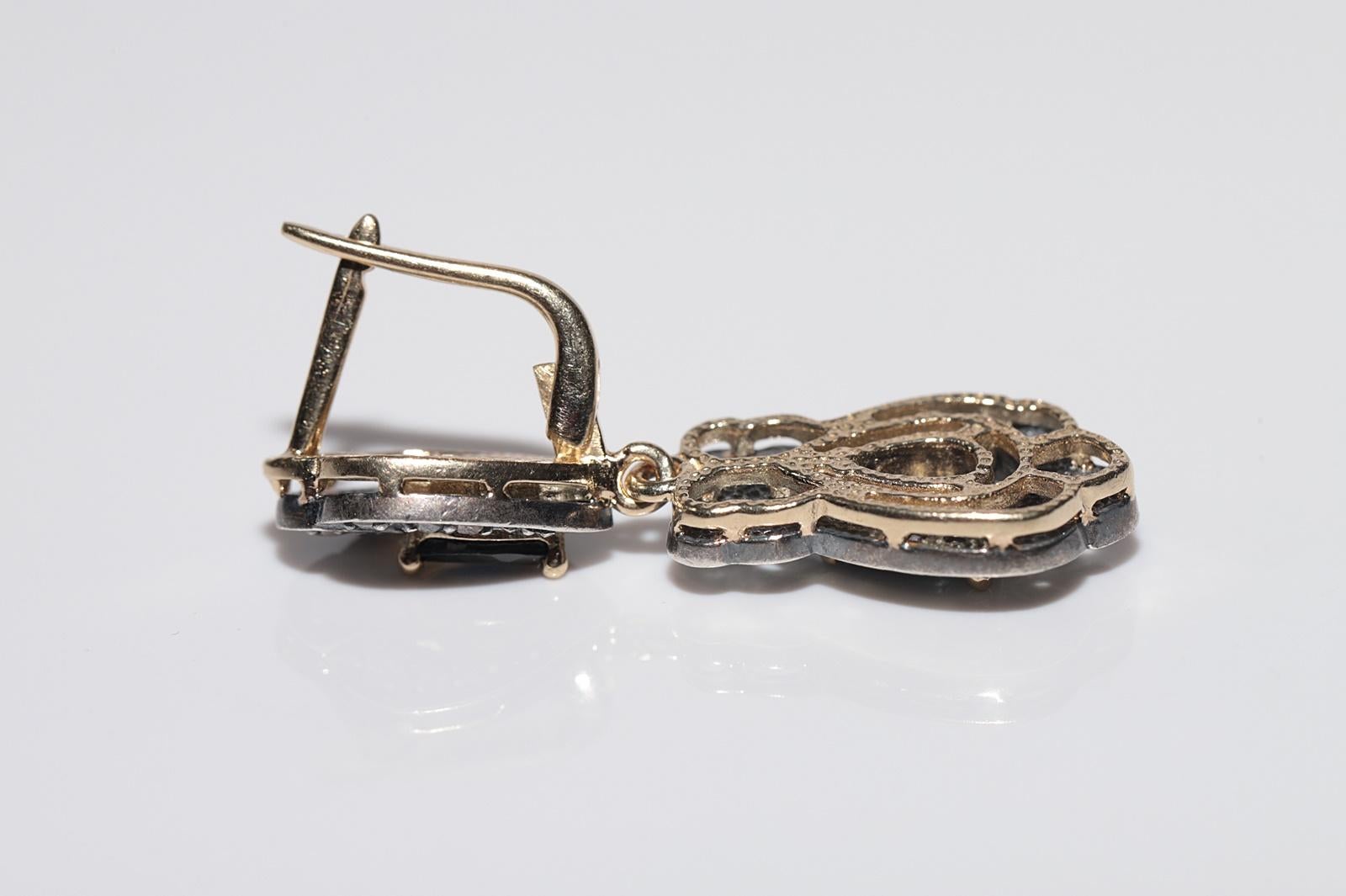 Vintage By  14k Gold Top Silber natürlicher Rosenschliff Diamant und Saphir Tropfenohrring im Angebot 4