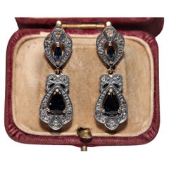 Vintage  Pendiente de gota de zafiro y diamante natural talla rosa de oro de 14k y plata superior
