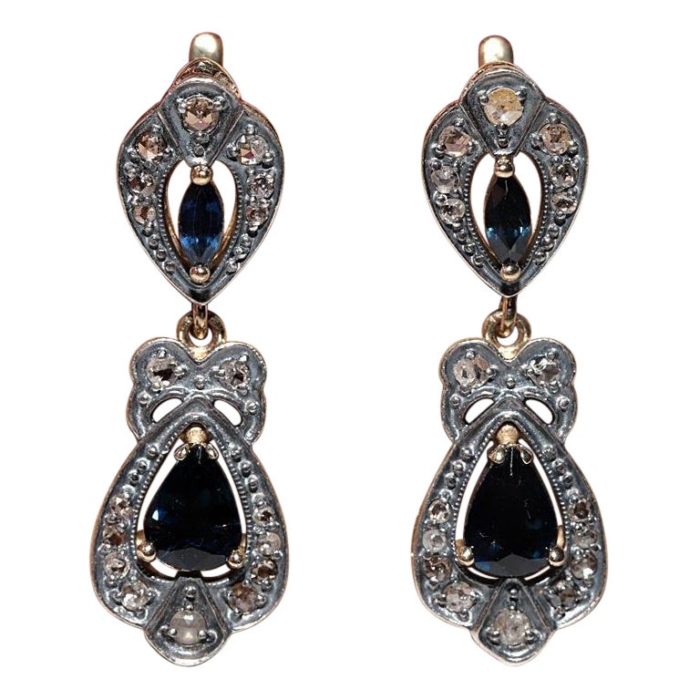 Vintage Pendants d
oreilles en or 14 carats, diamants naturels taille rose et saphirs